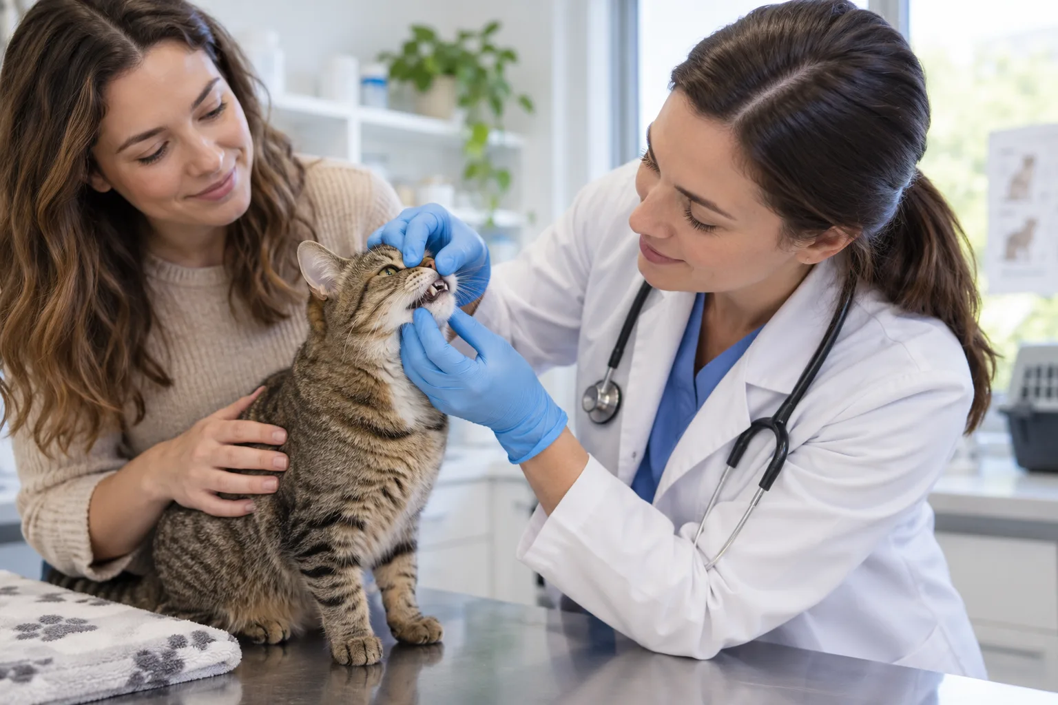 Veterinarian examining a tabby cat while its owner holds it